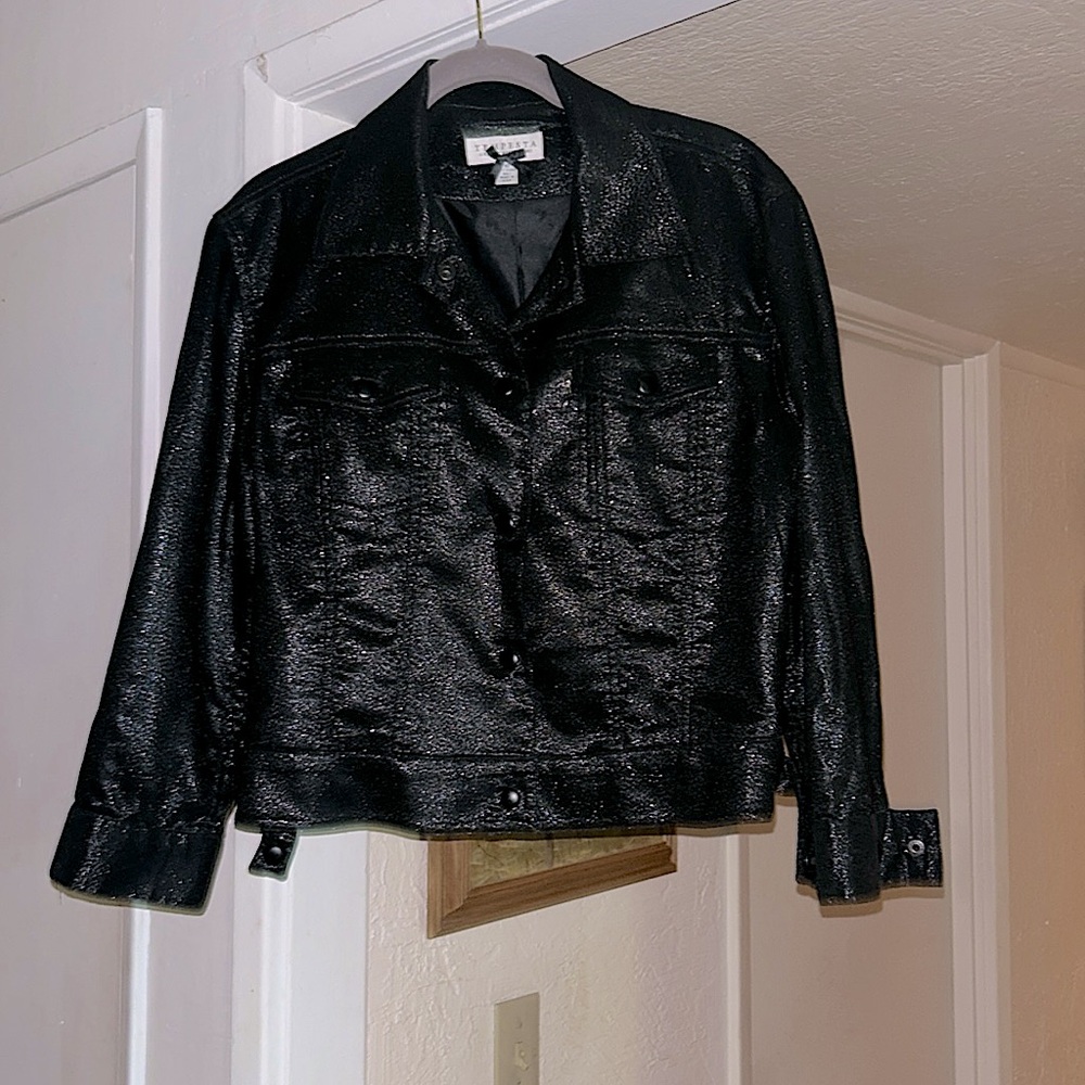 TEMPESTA Black Sparkling Cropped Jacket as soft as Fleece!  Size 10 Made in USA